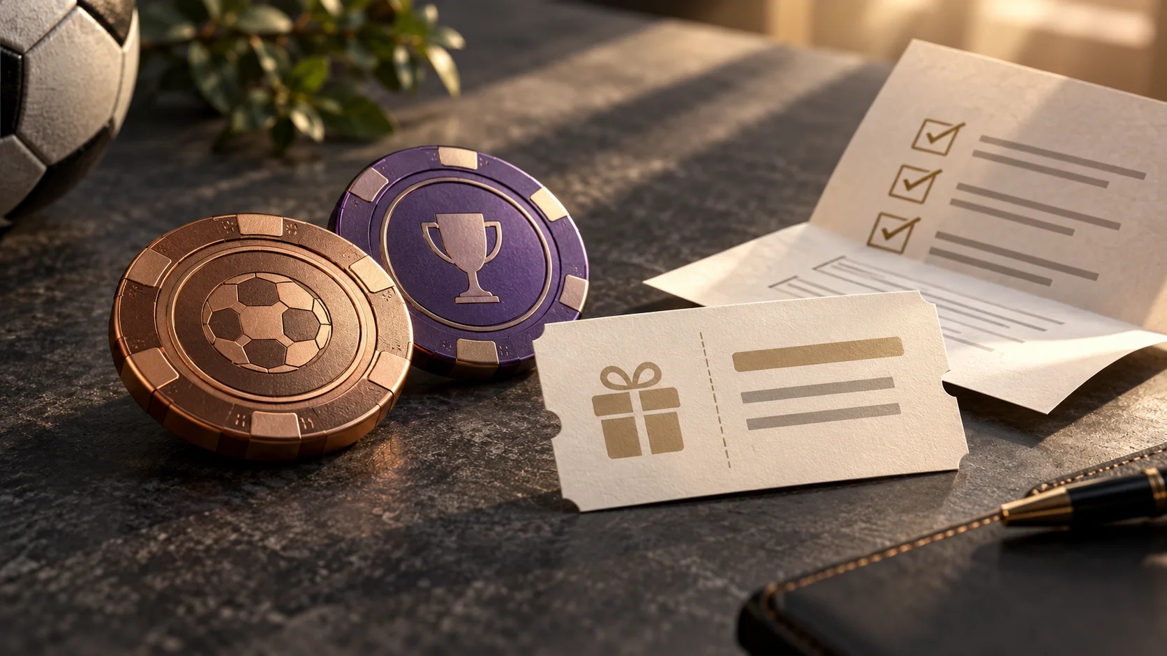 Futbol simgeli promosyon jetonları, teklif kartı ve koşul kontrol listesi